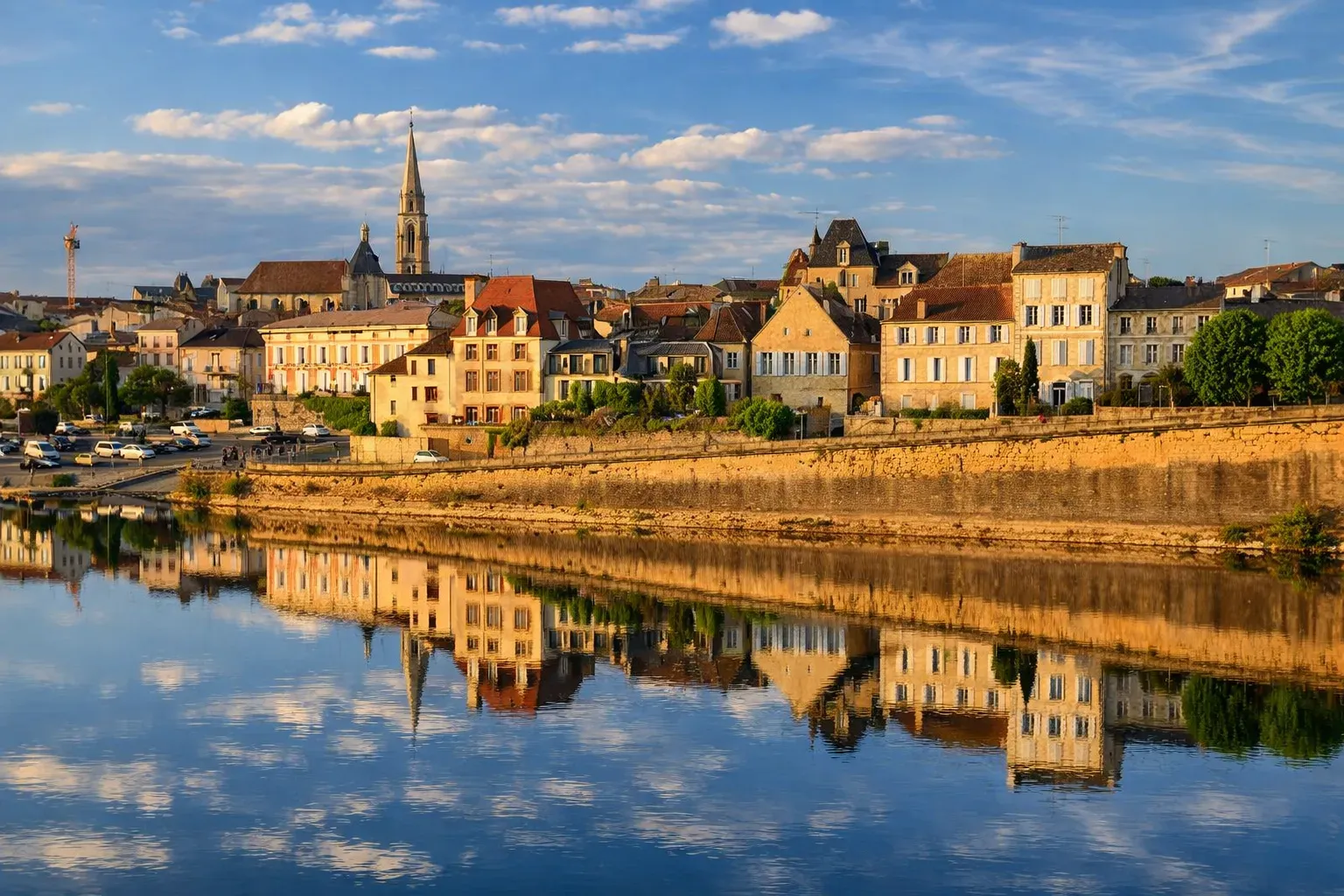 Vue panoramique de Bergerac se reflétant dans la Dordogne au coucher du soleil.
